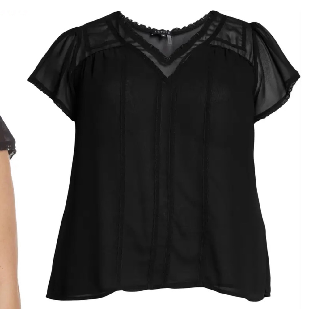 1.STATE Sheer Yoke Lace Trim Blouse